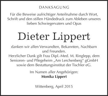 Traueranzeige von Dieter Lippert von WVG - Wochenspiegel Wittenberg