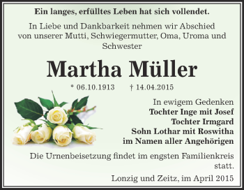 Traueranzeige von Martha Müller von Super Sonntag Zeitz