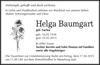 Traueranzeige von Helga Baumgart von Mitteldeutsche Zeitung Merseburg/Querfurt