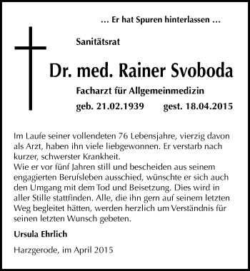 Traueranzeige von Rainer Svoboda von Mitteldeutsche Zeitung Quedlinburg