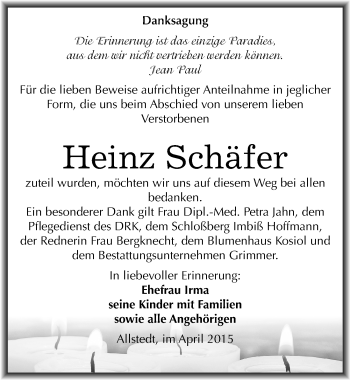 Traueranzeige von Heinz Schäfer von Mitteldeutsche Zeitung Sangerhausen