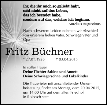 Traueranzeige von Fritz Büchner von Mitteldeutsche Zeitung Bitterfeld