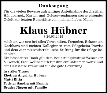 Traueranzeige von Klaus Hübner von Mitteldeutsche Zeitung Bernburg