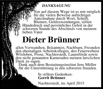 Traueranzeige von Dieter Brünner von Mitteldeutsche Zeitung Aschersleben