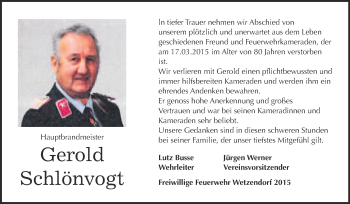 Traueranzeige von Gerold Schlönvogt von WVG - Wochenspiegel NMB / WSF / ZTZ