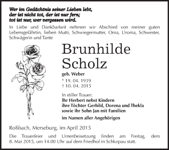 Traueranzeige von Brunhilde Scholz von Super Sonntag Merseburg