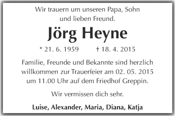 Traueranzeige von Jörg Heyne von WVG - Wochenspiegel Bitterfeld