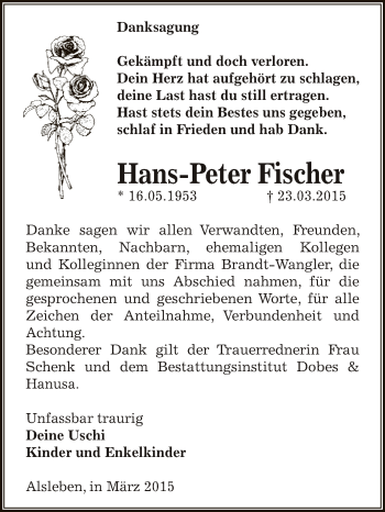 Traueranzeige von Hans-Peter Fischer von Super Sonntag Bernburg