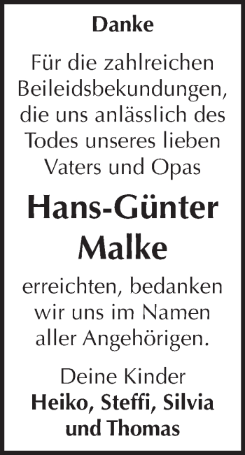 Traueranzeige von Hans-Günter Malke von WVG - Wochenspiegel Dessau / Köthen