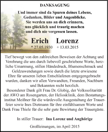 Traueranzeige von Erich Lorenz von Super Sonntag SGH Mansf. Land