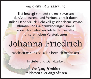 Traueranzeige von Johanna Friedrich von Mitteldeutsche Zeitung Zeitz