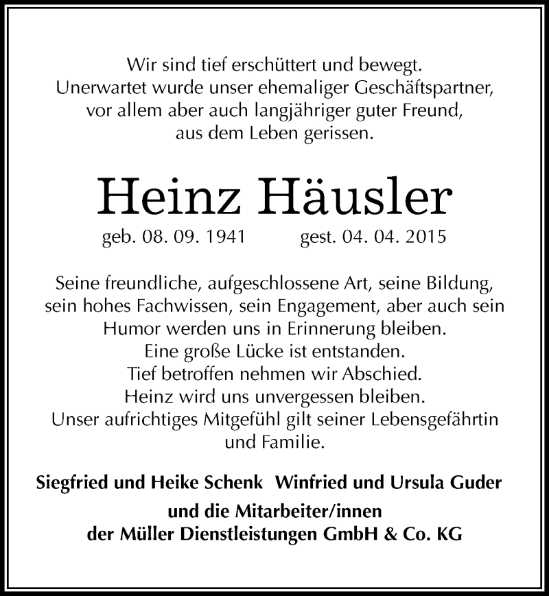  Traueranzeige für Heinz Häusler vom 23.04.2015 aus Mitteldeutsche Zeitung Mansfelder Land