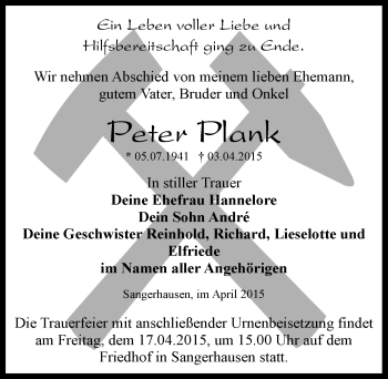 Traueranzeige von Peter Plank von Mitteldeutsche Zeitung Sangerhausen