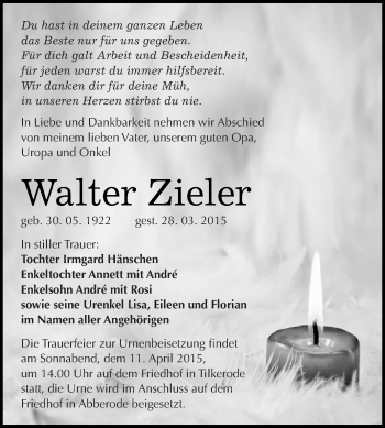 Traueranzeige von Walter Zieler von Super Sonntag SGH Mansf. Land