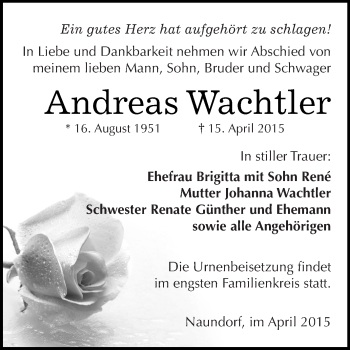 Traueranzeige von Andreas Wachtler von WVG - Wochenspiegel NMB / WSF / ZTZ