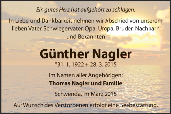Traueranzeige von Günther Nagler von WVG - Wochenspiegel Quedlinburg