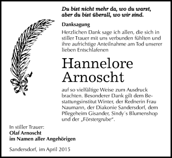 Traueranzeige von Hannelore Arnoscht von Mitteldeutsche Zeitung Bitterfeld
