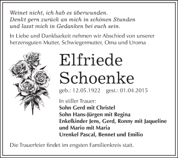 Traueranzeige von Elfriede Schoenke von WVG - Wochenspiegel NMB / WSF / ZTZ