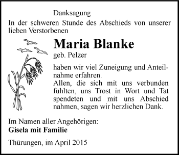 Traueranzeige von Maria Blanke von Mitteldeutsche Zeitung Sangerhausen