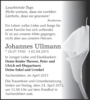 Traueranzeige von Johannes Ullmann von Super Sonntag Aschersleben