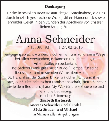 Traueranzeige von Anna Schneider von WVG - Wochenspiegel NMB / WSF / ZTZ