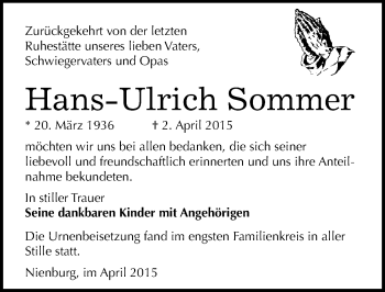 Traueranzeige von Hans-Ulrich Sommer von Mitteldeutsche Zeitung Bernburg