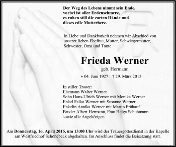 Traueranzeige von Frieda Werner von Mitteldeutsche Zeitung Köthen