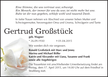 Traueranzeige von Gertrud Großstück von Mitteldeutsche Zeitung Quedlinburg