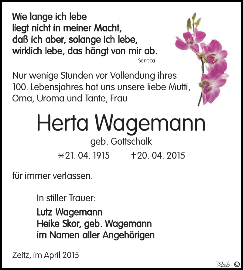  Traueranzeige für Herta Wagemann vom 26.04.2015 aus Super Sonntag Zeitz