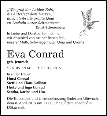 Traueranzeige von Eva Conrad von Mitteldeutsche Zeitung Halle/Saalkreis