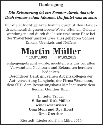Traueranzeige von Martin Müller von Super Sonntag SGH Mansf. Land