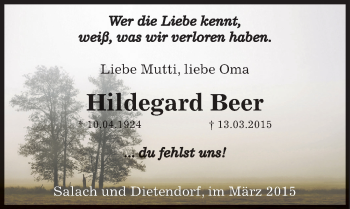 Traueranzeige von Hildegard Beer von Mitteldeutsche Zeitung Zeitz