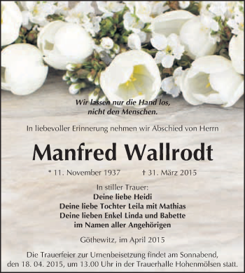 Traueranzeige von Manfred Wallrodt von WVG - Wochenspiegel NMB / WSF / ZTZ