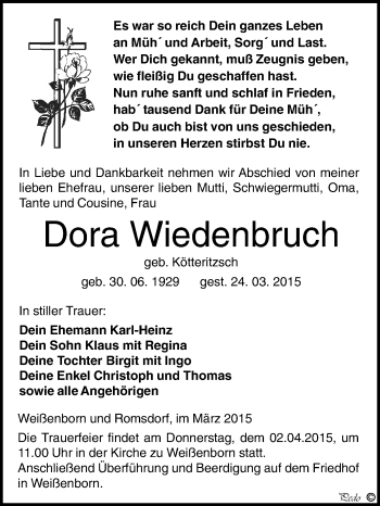 Traueranzeige von Dora Wiedenbruch von WVG - Wochenspiegel NMB / WSF / ZTZ