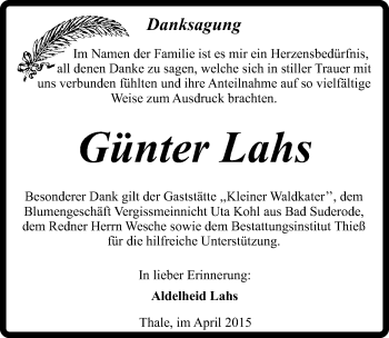 Traueranzeige von Günter Lahs von Mitteldeutsche Zeitung Quedlinburg