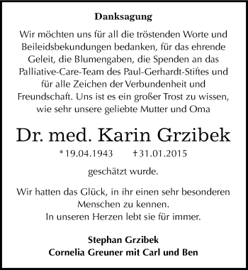 Traueranzeige von Karin Grzibek von Mitteldeutsche Zeitung Wittenberg
