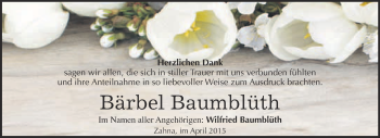 Traueranzeige von Bärbel Baumblüth von WVG - Wochenspiegel Wittenberg