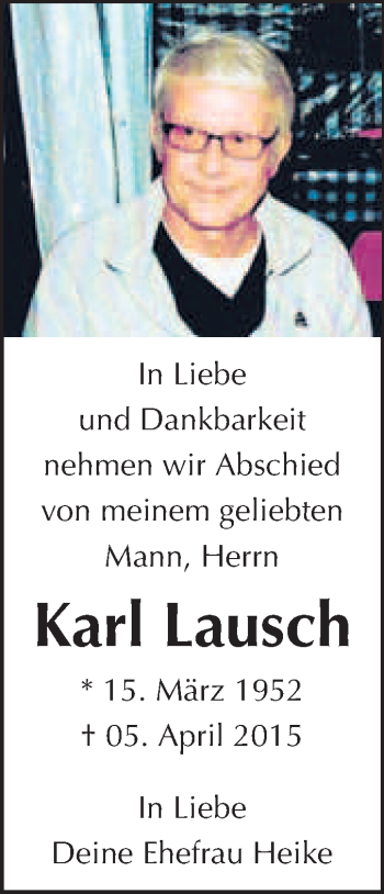 Traueranzeige von Karl Lausch von WVG - Wochenspiegel NMB / WSF / ZTZ