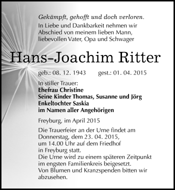 Traueranzeige von Hans-Joachim Ritter von Mitteldeutsche Zeitung Naumburg/Nebra
