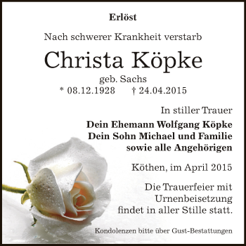 Traueranzeige von Christa Köpke von WVG - Wochenspiegel Dessau / Köthen