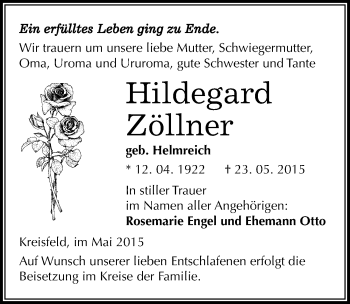 Traueranzeige von Hildegard Zöllner von Mitteldeutsche Zeitung Mansfelder Land