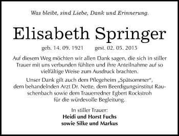 Traueranzeige von Elisabeth Springer von Mitteldeutsche Zeitung Naumburg/Nebra