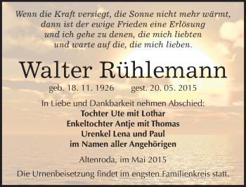 Traueranzeige von Walter Rühlemann von Mitteldeutsche Zeitung Naumburg/Nebra