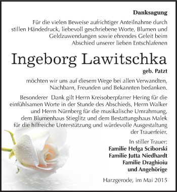 Traueranzeige von Ingeborg Lawitschka von Mitteldeutsche Zeitung Quedlinburg
