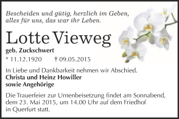 Traueranzeige von Lotte Vieweg von WVG - Wochenspiegel Merseburg