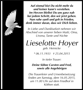 Traueranzeige von Lieselotte Hoyer von Mitteldeutsche Zeitung Köthen