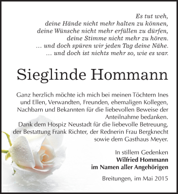 Traueranzeige von Sieglinde Hommann von Mitteldeutsche Zeitung Sangerhausen