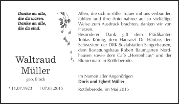 Traueranzeige von Waltraud Müller von Super Sonntag SGH Mansf. Land