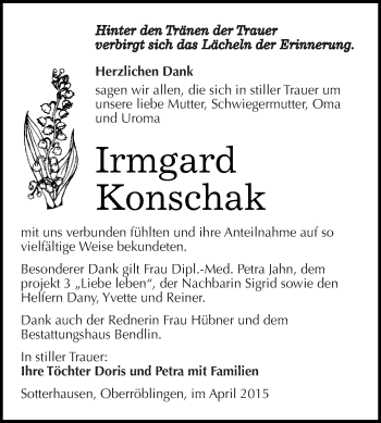 Traueranzeige von Irmgard Konschak von Super Sonntag SGH Mansf. Land