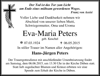 Traueranzeige von Eva-Maria Peters von Mitteldeutsche Zeitung Wittenberg
